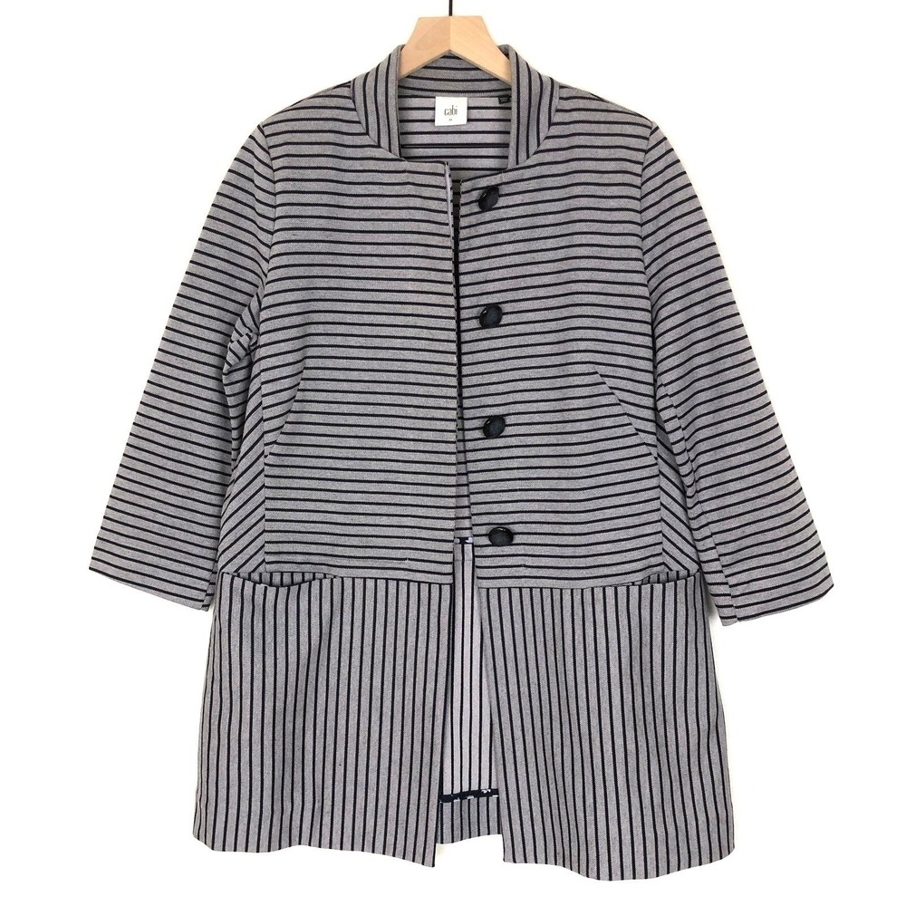 CAbi Dappled Stripe Jacket Sz M Gray Blue Stripe Button Knit Long Coat 3/4 Slv
